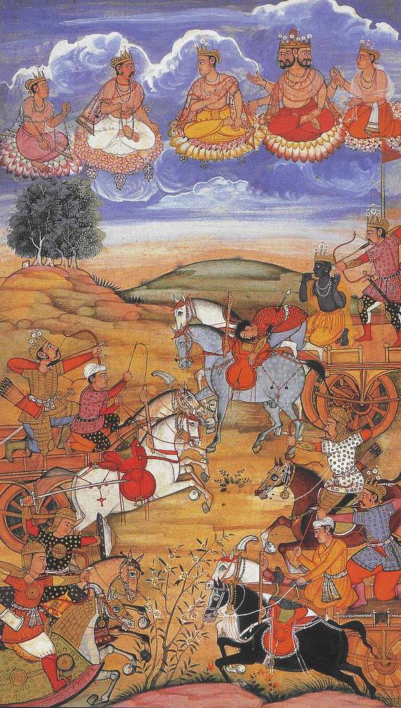 Krishna e Arjuna sul carro a Kurukshetra, scena della Bhagavad Gita