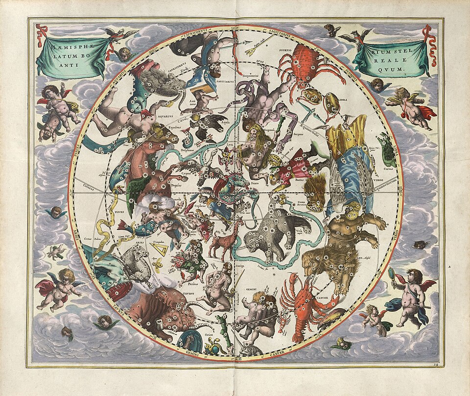 Emisfero celeste boreale con le figure delle costellazioni, incisione colorata di Andreas Cellarius, Harmonia Macrocosmica, 1660