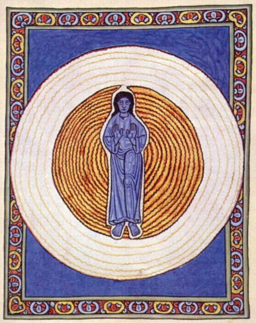 Miniatura visionaria dallo Scivias di Ildegarda di Bingen: figura in cerchi concentrici di luce